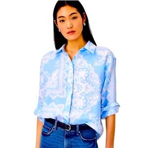 Ann Taylor Tile Oversized Linen Shirt 🔵⚪️ Size Large *Online Exclusive*